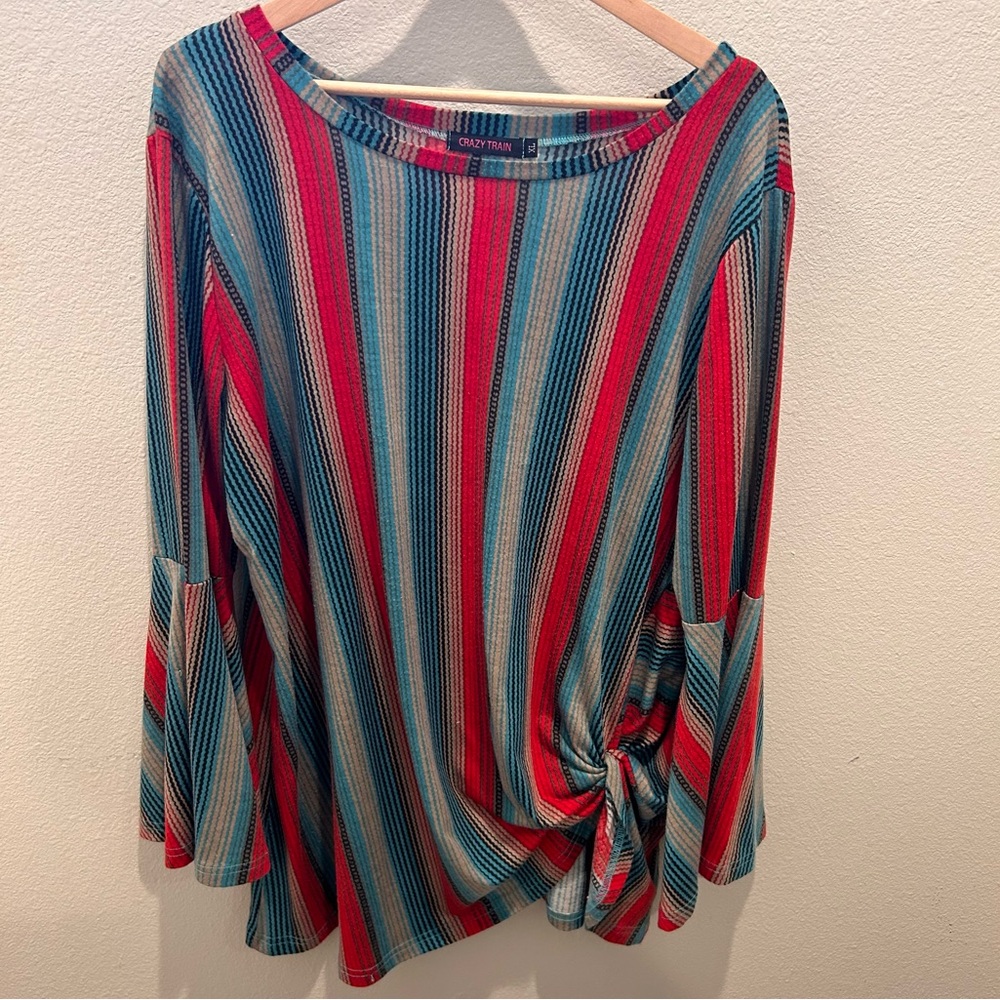 🌿Crazy Train Boho Striped Bell Sleeve Blouse XL‎ - Multicolor Western Boho Top